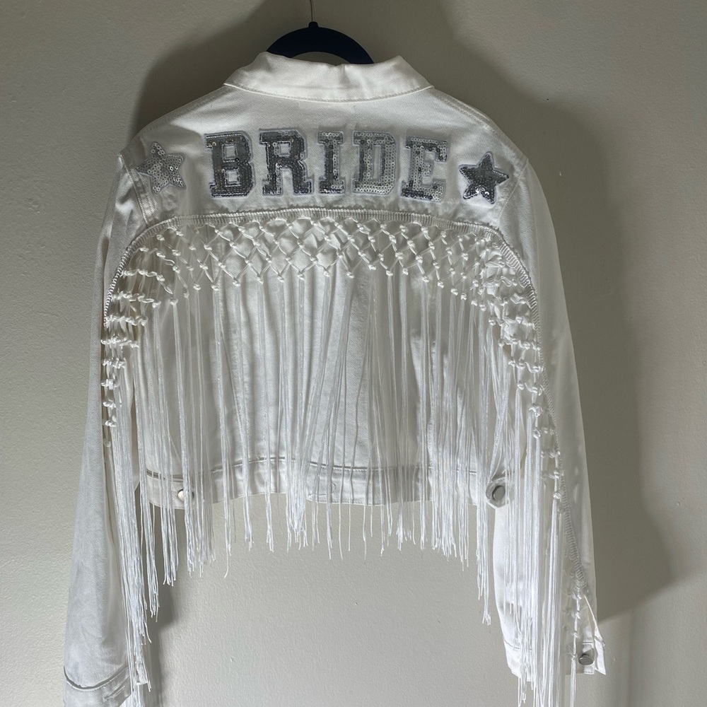White Cropped Denim Fringe Bride Jacket
